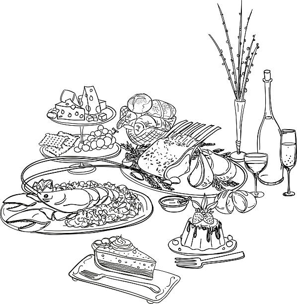 uczta ilustracja w czarny i biały - spoon vegetable fork plate stock illustrations