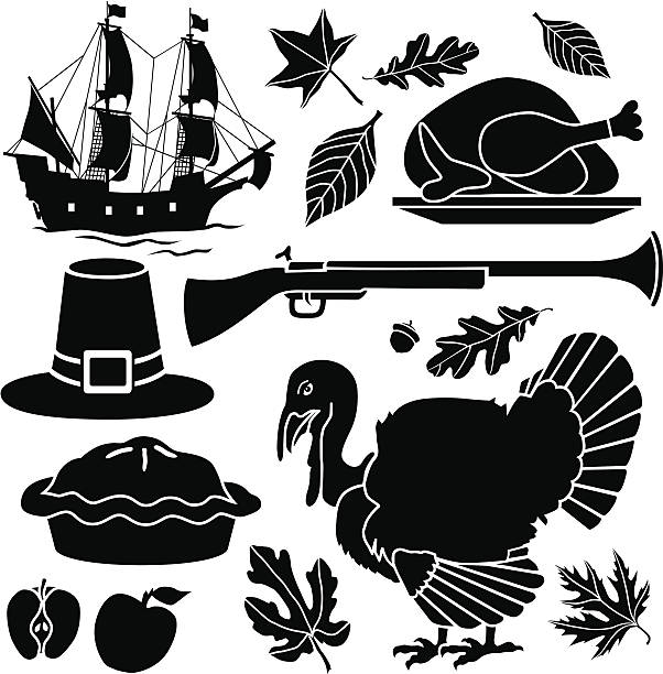 Pilgrim Thanksgiving icons Vector icons with an American Thanksgiving theme featuring the Mayflower, a Pilgrim hat and musket, an apple pie and a live and a roasted turkey. thanksgiving holiday silhouettes stock illustrations