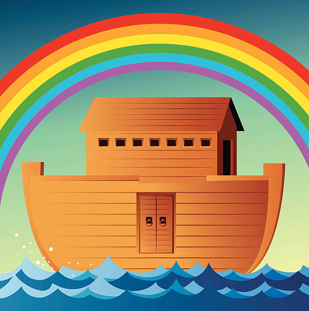 Illustration of Noah's Ark in ocean with rainbow above Vector Noah's Ark noahs ark stock illustrations