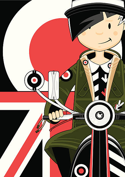 модные ретро девушка на scooter - lapel hairstyle transportation british culture stock illustrations