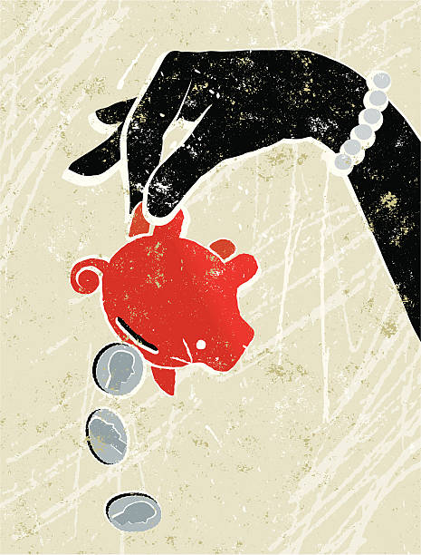 Piggy Bank Being Held Upside Down by a Woman A stylized vector cartoon of a woman's hand  emptying a piggy bank, reminiscent of an old screen print poster and suggesting desperation, poverty, expensive,the financial crisis, or bankruptcy. Hand, coin,piggy bank, paper texture and background are on different layers for easy editing. Please note: clipping paths have been used,  an eps version is included without the path. piggy bank illustrations stock illustrations