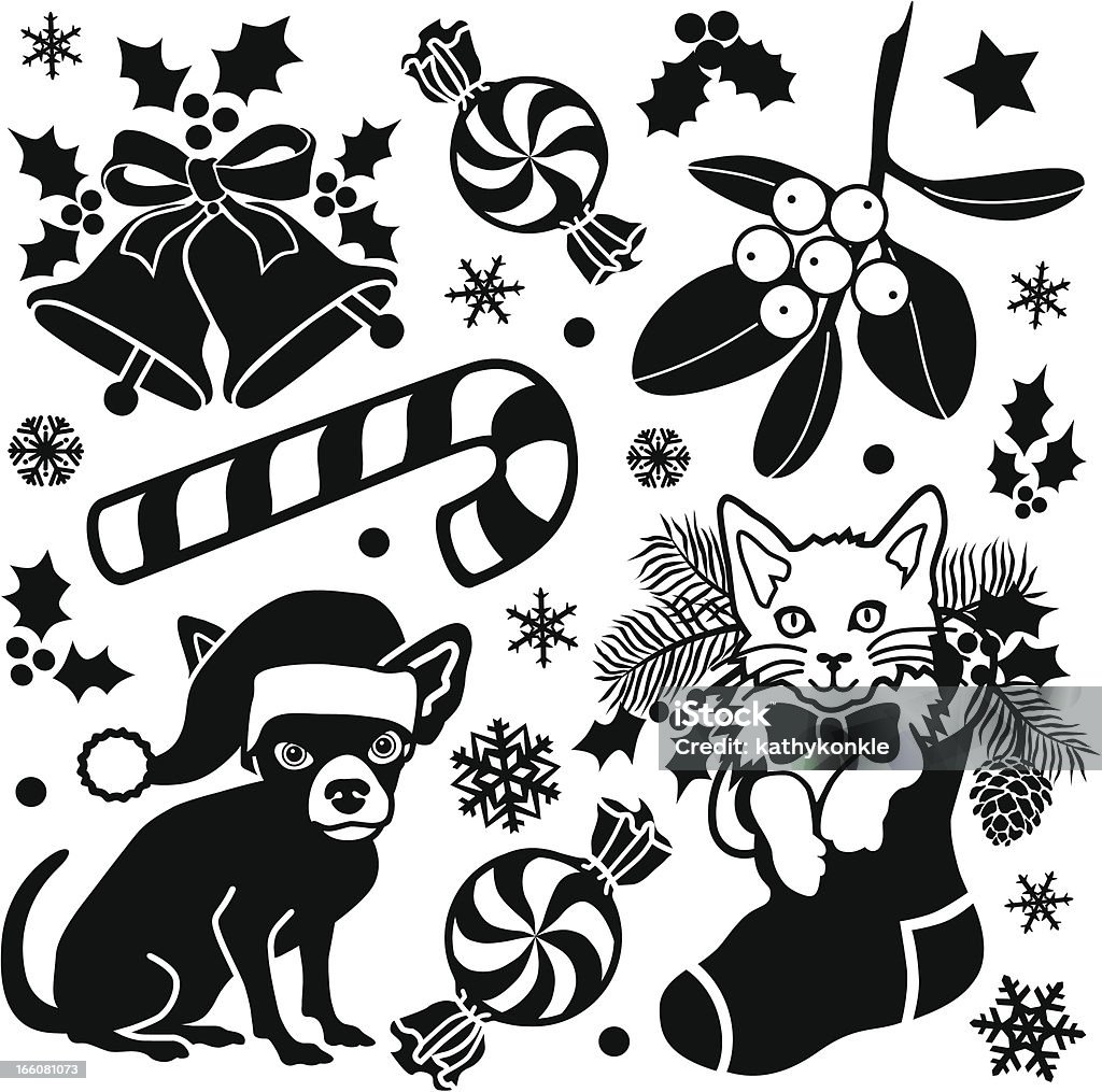 Christmas design elements Vector Christmas design elements featuring a dog and cat, bells, peppermint candy and mistletoe with snowflakes. Christmas stock vector