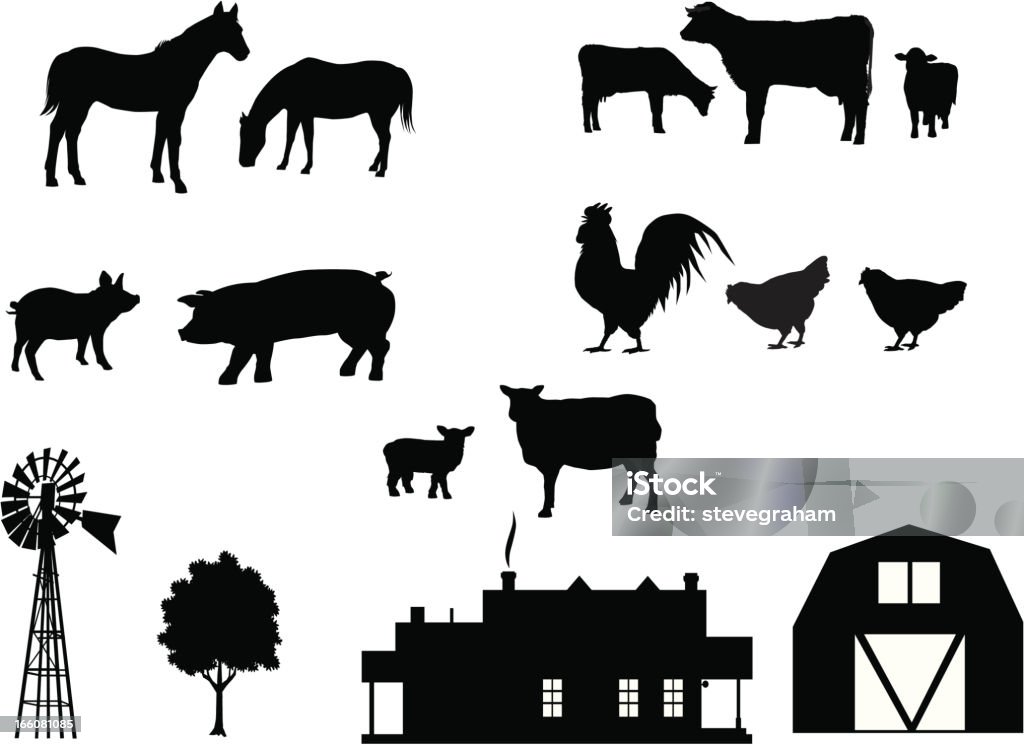 Farm Animals in Silhouette Make your own farm with farm animals, farmhouse, windmill, tree and barn. All elements are on separate and editable layers. Download includes a large high res jpeg. Animal stock vector