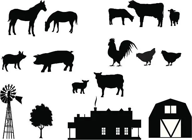 Vector illustration of Farm Animals in Silhouette