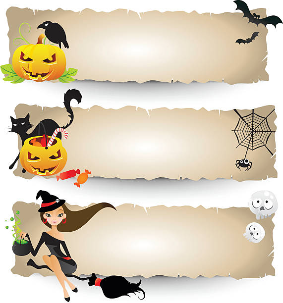 halloween-banner - halloween witch domestic cat frame stock-grafiken, -clipart, -cartoons und -symbole