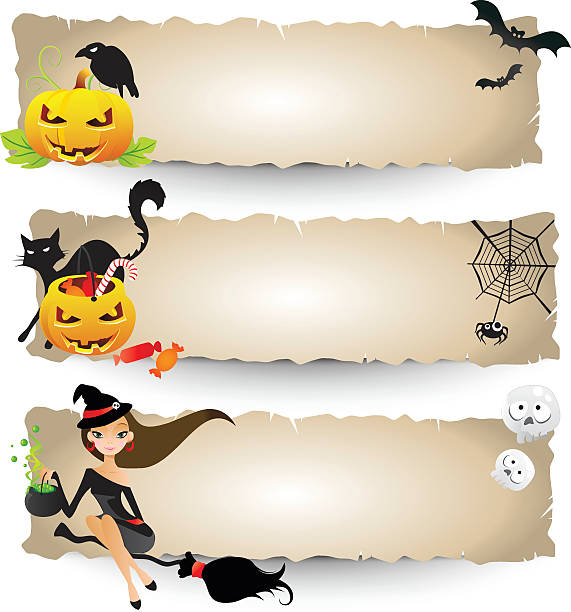 illustrazioni stock, clip art, cartoni animati e icone di tendenza di banner di halloween - halloween witch domestic cat frame