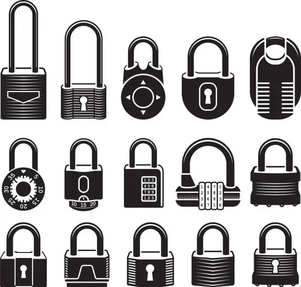 Vector illustration of Locks black & white royalty free vector icon set