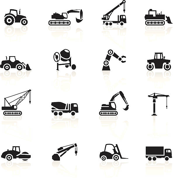 czarny symbole-budowa maszyn - earth mover construction industrial equipment bulldozer stock illustrations