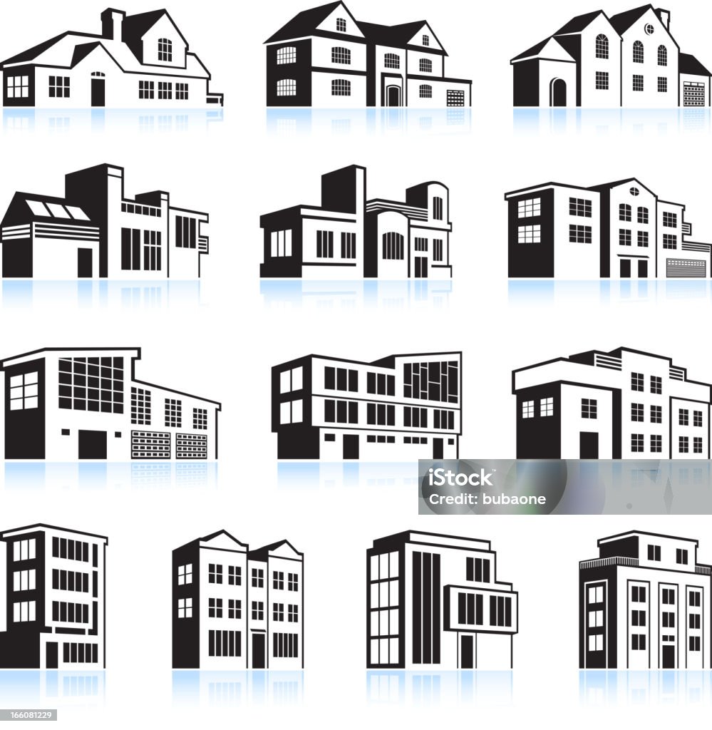 3D vector illustration houses and apartments A set of 13 black-and-white house and building icons with light blue reflections on a white background.  There are four rows of icons.  The top three rows have three icons each, and the bottom row has four icons.  The front surfaces of the buildings are done in white, and the windows and side surfaces are in black.  The top row of buildings are all triangular-shaped multistory houses.  The second row of buildings are multistory houses that are more rectangular.  The third row of buildings are more commercial.  The last row consists of tall office and apartment buildings. Icon Symbol stock vector