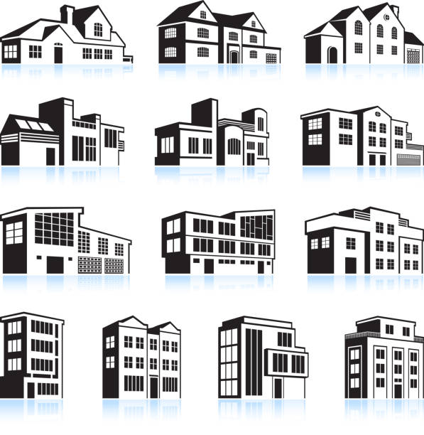 3D vector illustration houses and apartments A set of 13 black-and-white house and building icons with light blue reflections on a white background.  There are four rows of icons.  The top three rows have three icons each, and the bottom row has four icons.  The front surfaces of the buildings are done in white, and the windows and side surfaces are in black.  The top row of buildings are all triangular-shaped multistory houses.  The second row of buildings are multistory houses that are more rectangular.  The third row of buildings are more commercial.  The last row consists of tall office and apartment buildings. penthouse icon stock illustrations