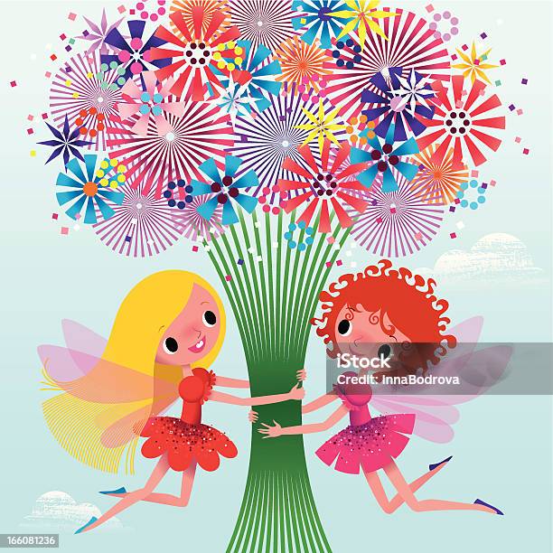 Dois Fairies Segurando Um Bouquet - Arte vetorial de stock e mais imagens de Aniversário - Aniversário, Fada, Flor