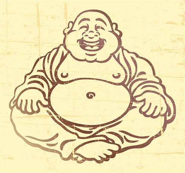 ilustrações, clipart, desenhos animados e ícones de buddha - spirituality smiling black and white line art