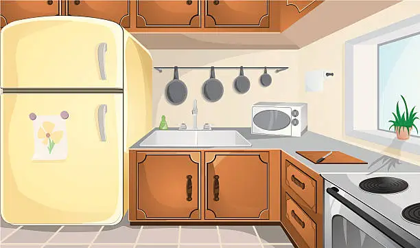 Vector illustration of Illustration of brown and grey kitchen with yellow fridge