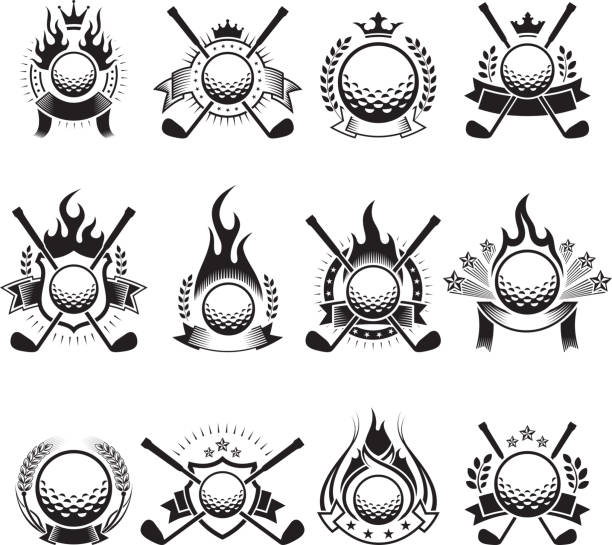 ilustrações, clipart, desenhos animados e ícones de bola de golfe medalhas preto e branco royalty-free vector conjunto de ícones - computer icon flame symbol black and white