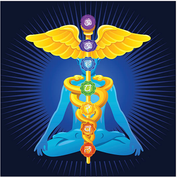 Meditation with caduceus and chakras Vector illustration of a figure in meditation with gold caduceus and energy chakras cartoon of caduceus medical symbol stock illustrations