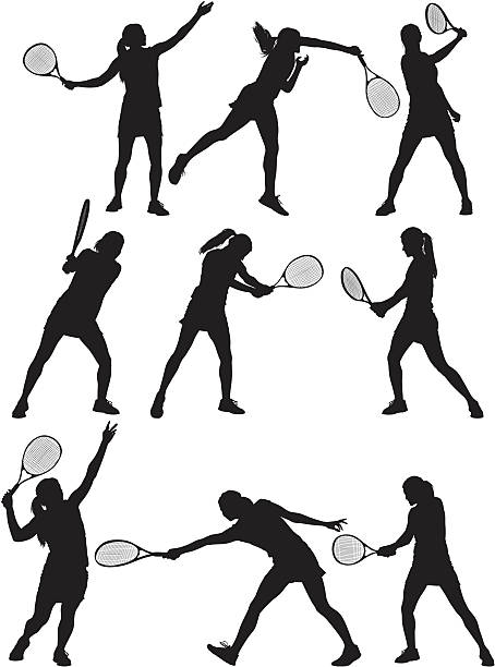여러 개의 이미지를 테니스 선수 in action - tennis serving silhouette racket stock illustrations