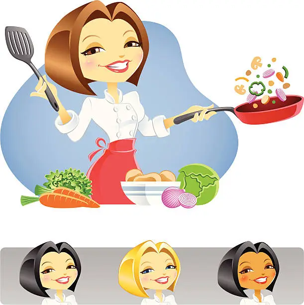Vector illustration of Chef Lady Cooking Vegetables with Skillet