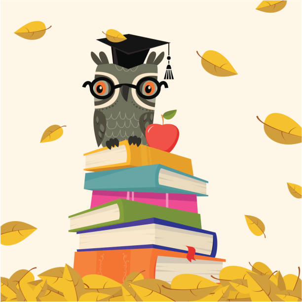 Back to school - Stack of book with owl Owl in teacher hat sittiong on the books pile. Falling leaves. Elements are on differen layer. cartoon of bird with glasses stock illustrations