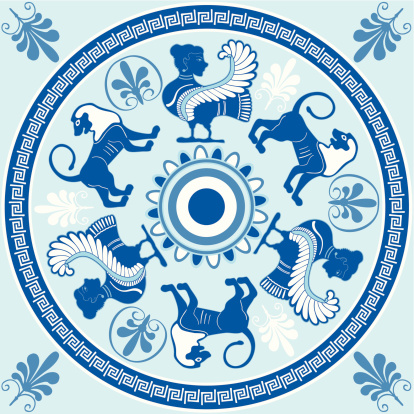 Sirens and lions Greek ornament in blue and white colors