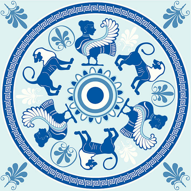 Sirens and lions Greek ornament in blue and white colors Sirens and lions Greek round ornament in blue and white colors. Illustration decorated with classical Greek ornament - a labyrinth. Ancient Greece pattern. Imitation of ancient hand-painted. mythological character stock illustrations