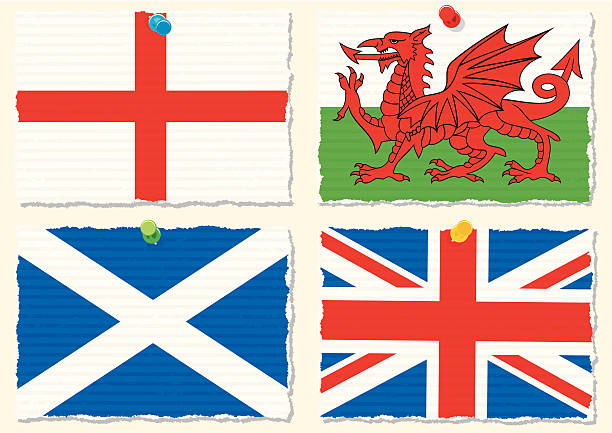 Paper Flags Torn paper flags. UK: England, Scotland, Wales and Great Britain. Thumbtacks are removable. welsh flag stock illustrations