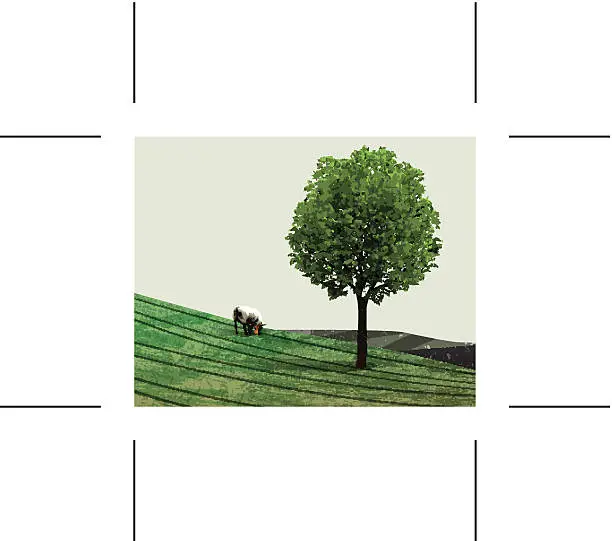 Vector illustration of green hills with sheep and tree