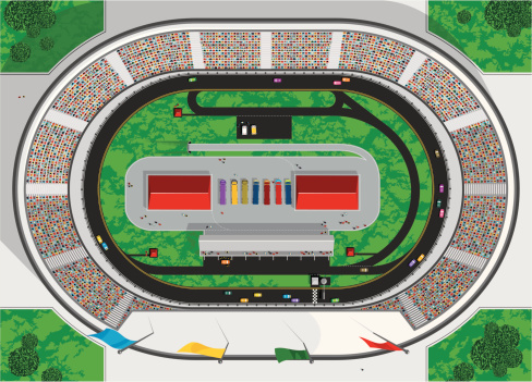 Oval car track vector illustration with a race in progress. View from above of an oval race circuit including, race cars, spectators, emergency vehicles and the entire stadium. Stock car race including the pit lane and pit crews.
