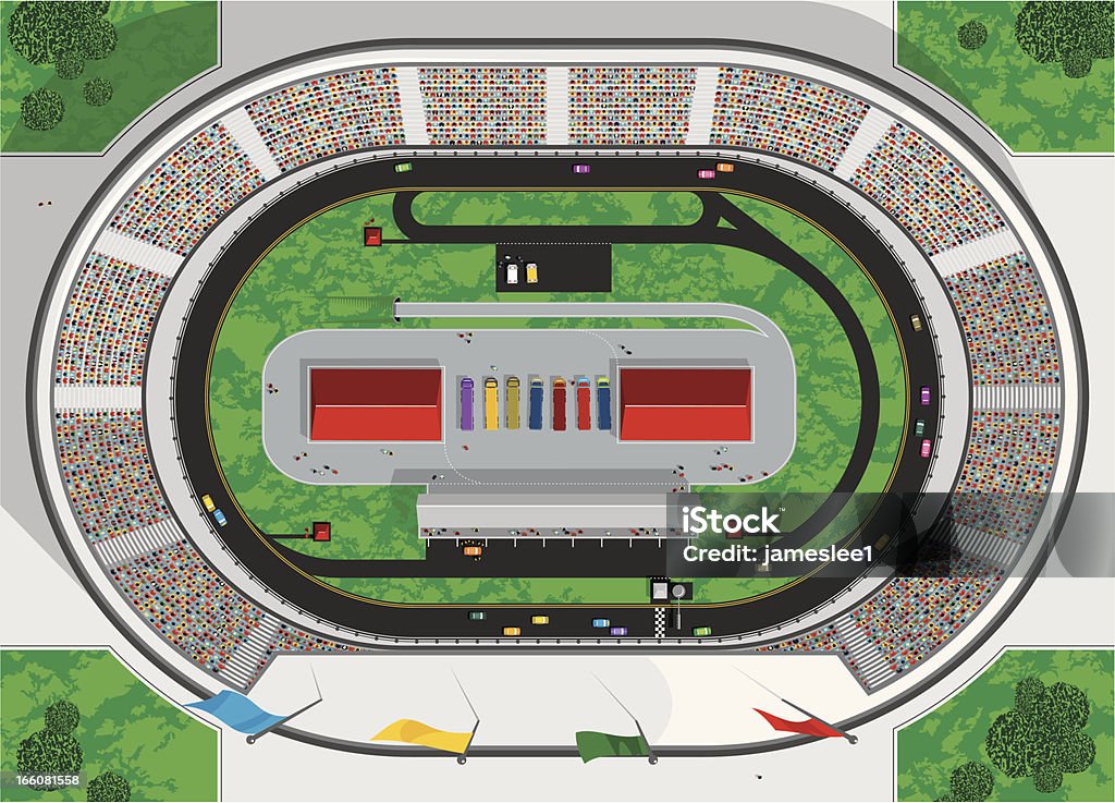 Stock Car Race Track Oval car track vector illustration with a race in progress. View from above of an oval race circuit including, race cars, spectators, emergency vehicles and the entire stadium. Stock car race including the pit lane and pit crews. Stock Car stock vector