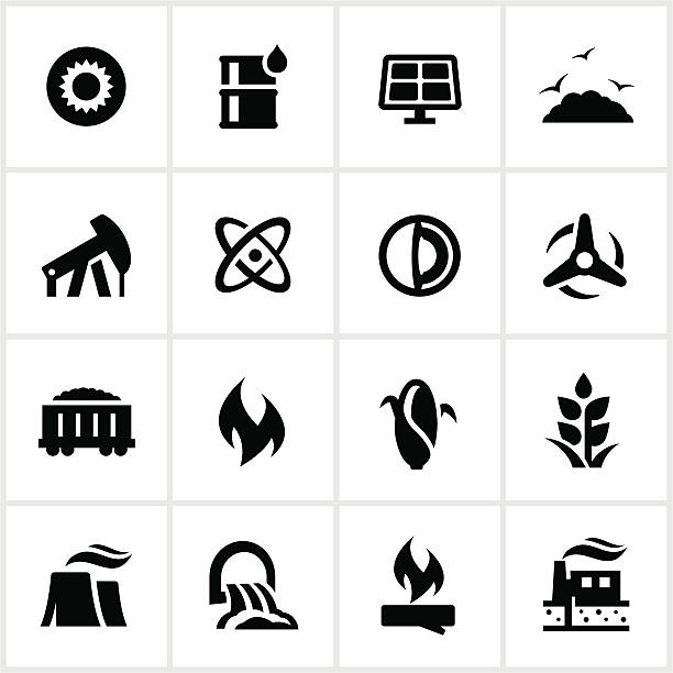 ilustraciones, imágenes clip art, dibujos animados e iconos de stock de negro generación de combustible y energía iconos - oil well fire