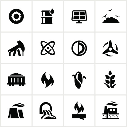 Fuel and power sources. All white strokes/shapes are cut from the icons and merged allowing the background to show through.
