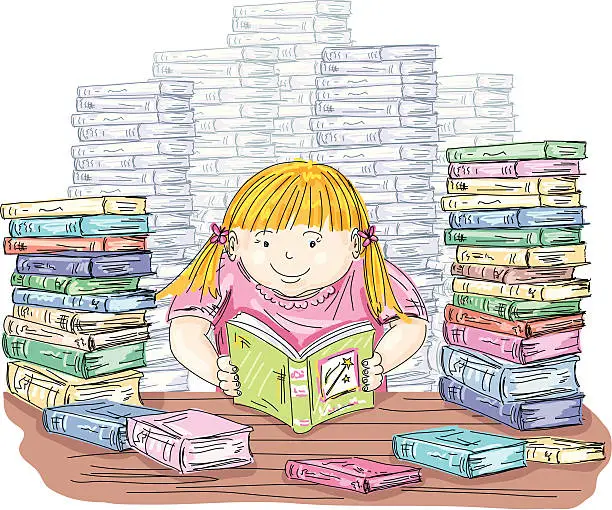 Vector illustration of Little Girl Reading With Stacks Of Books