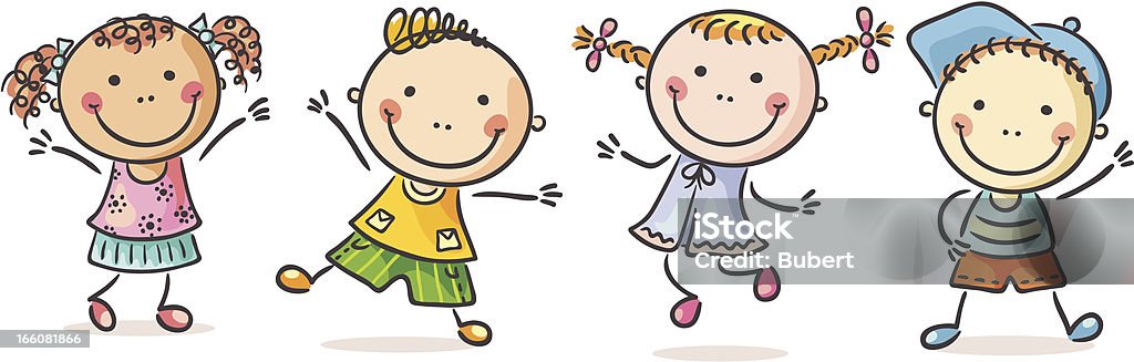 Boys and girls Four happy active kids. Stick Figure stock vector