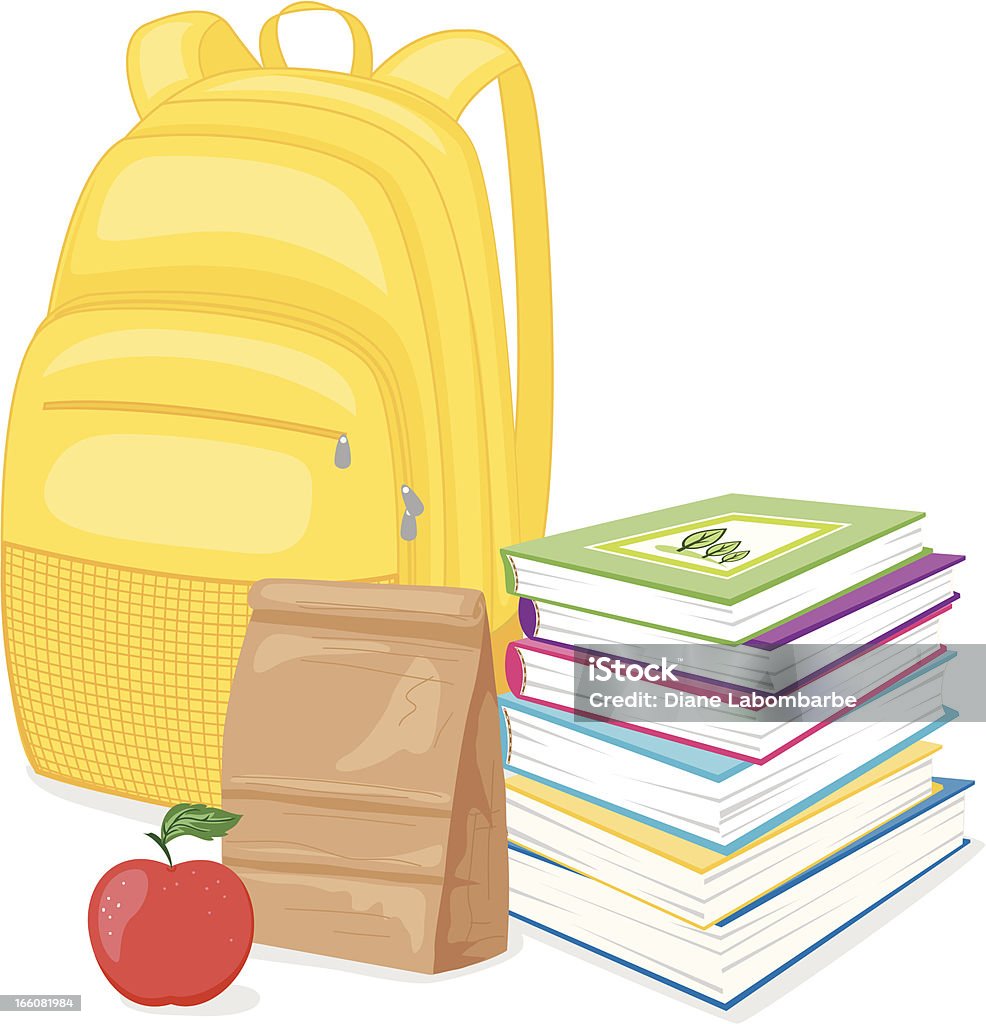 Torna a scuola zaino, libri e pranzo - arte vettoriale royalty-free di Pasto al sacco