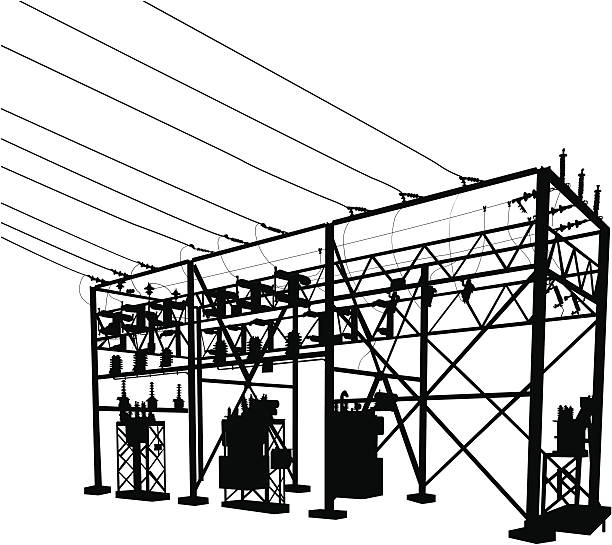 ilustraciones, imágenes clip art, dibujos animados e iconos de stock de substation silueta de - transformador eléctrico