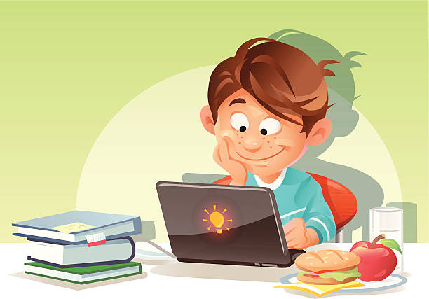 ilustrações, clipart, desenhos animados e ícones de menino usando o laptop - child glasses elementary student reading