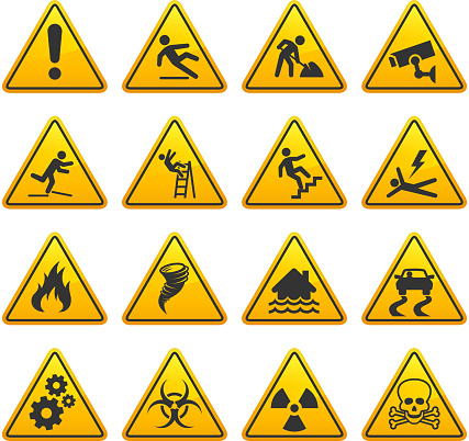 Danger and Caution Street Signs Collection. The royalty free vector graphic features Under Construction, caution, warning, wet floor, slippery, high voltage, flood warning signs with multiple design and layout variations. The signs are in yellow and the actual under construction text is in black. Image download includes vector graphic and jpg file.