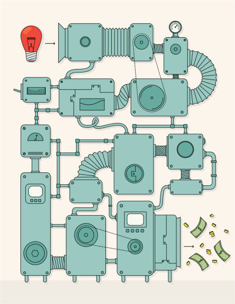 ilustrações, clipart, desenhos animados e ícones de ideia para o conversor - machine production line ideas changing form