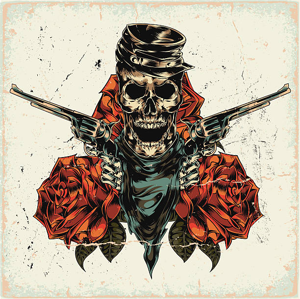 ilustrações, clipart, desenhos animados e ícones de esqueleto com dois revolvers sobre fundo abstrato - cowboy hat hat country and western music wild west