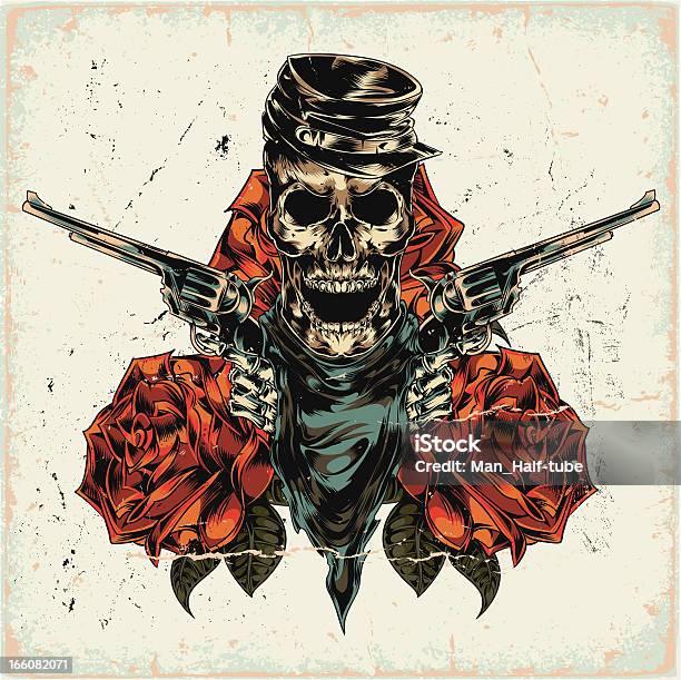 Skeleton With Two Revolvers On Abstract Background Stock Illustration - Download Image Now - Tattoo, Rose - Flower, Skull