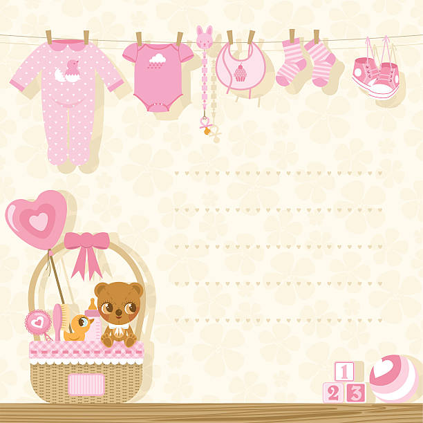 она ´ s девушка baby душ приглашение - baby clothing its a girl newborn baby goods stock illustrations