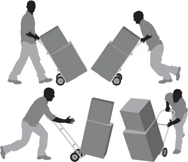 Vector illustration of Man carrying cardboard boxes in a warehouse