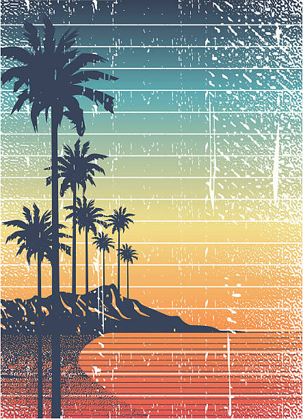 ретро-остров - beach retro revival old fashioned palm tree stock illustrations