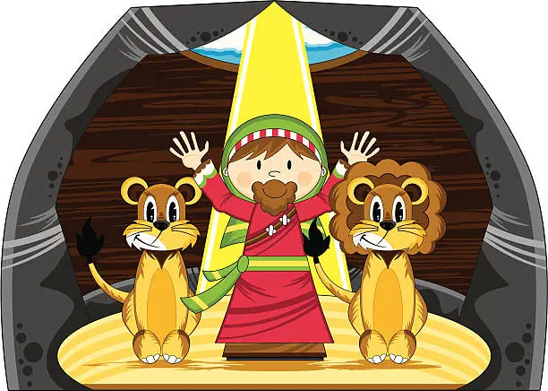 Vector illustration of Cute Daniel & the Lions Bible Scene