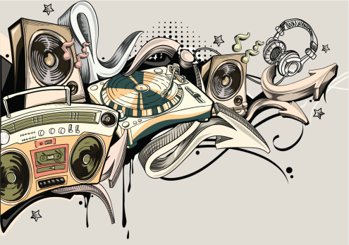Loudspeakers,  tape recorder, turntadle & graffiti arrows, trendy music theme; vector artwork