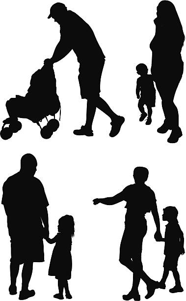 illustrazioni stock, clip art, cartoni animati e icone di tendenza di silhouette di famiglie - baby walking child standing