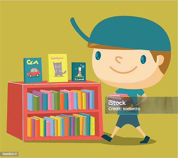 Chłopiec W Bibliotece - Stockowe grafiki wektorowe i więcej obrazów Dziecko - Dziecko, Chłopcy, Półka na książki