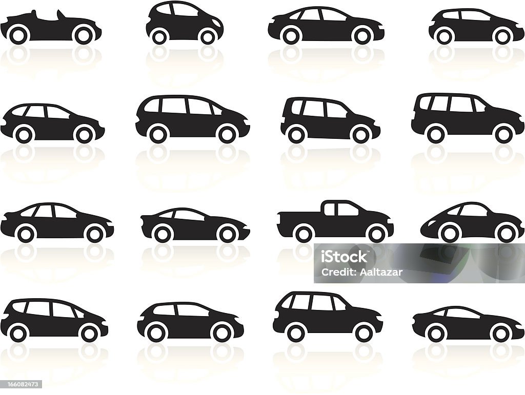 Black Symbols - Cartoon Cars Illustration representing different cartoon cars, including: sports car, hatchback, mini, limousine, SUV, pick up truck, hybrid. Car stock vector