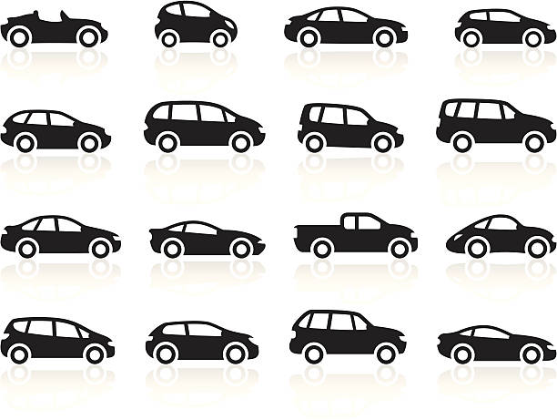 Black Symbols - Cartoon Cars Illustration representing different cartoon cars, including: sports car, hatchback, mini, limousine, SUV, pick up truck, hybrid. sports utility vehicle illustrations stock illustrations