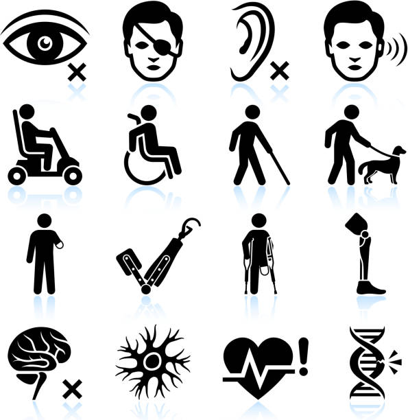 ilustraciones, imágenes clip art, dibujos animados e iconos de stock de lesión y la discapacidad negro & conjunto de iconos de vector blanco - cuadriplégico