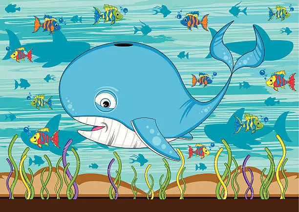 Vector illustration of Cute Whale & Tropical Fish